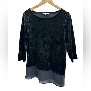 Chaus New York Crushed Velvet Asymmetrical Hem Blouse Black Sheer Trim Large